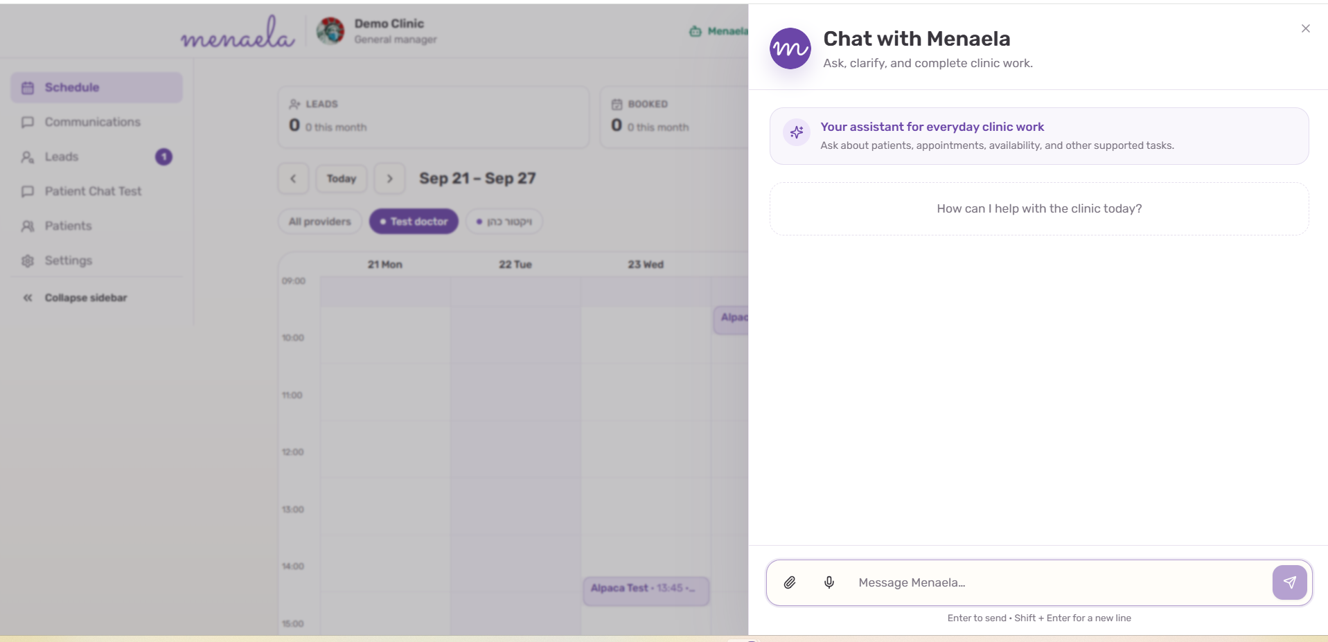 Menaela staff chat opened next to the clinic schedule