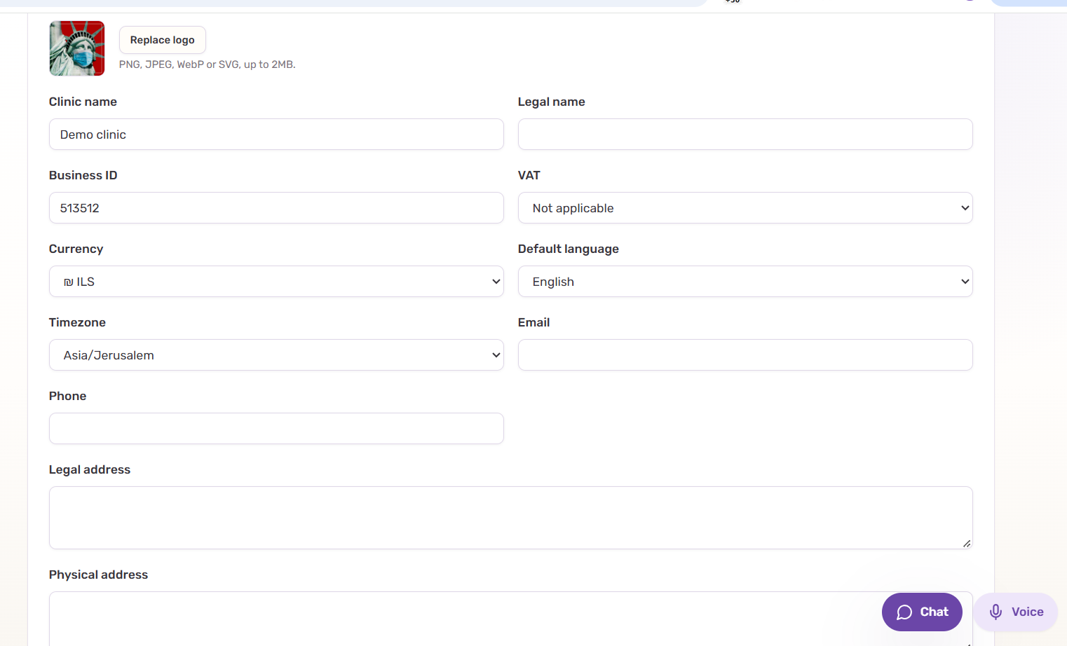 Demo clinic settings showing currency, default language and timezone fields