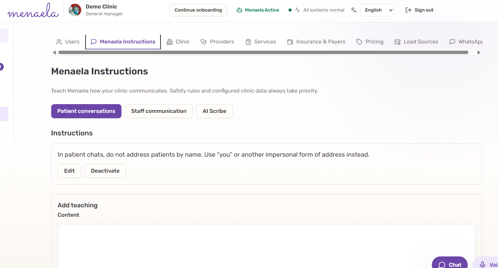 Menaela Instructions settings with patient conversations, staff communication and AI Scribe tabs