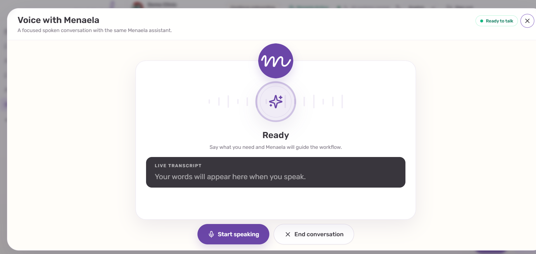 Voice with Menaela ready screen in Demo Clinic